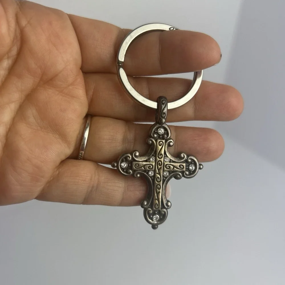 Vintage Brighton Silver Metal Religious Cross Keychain with Fob Keyring